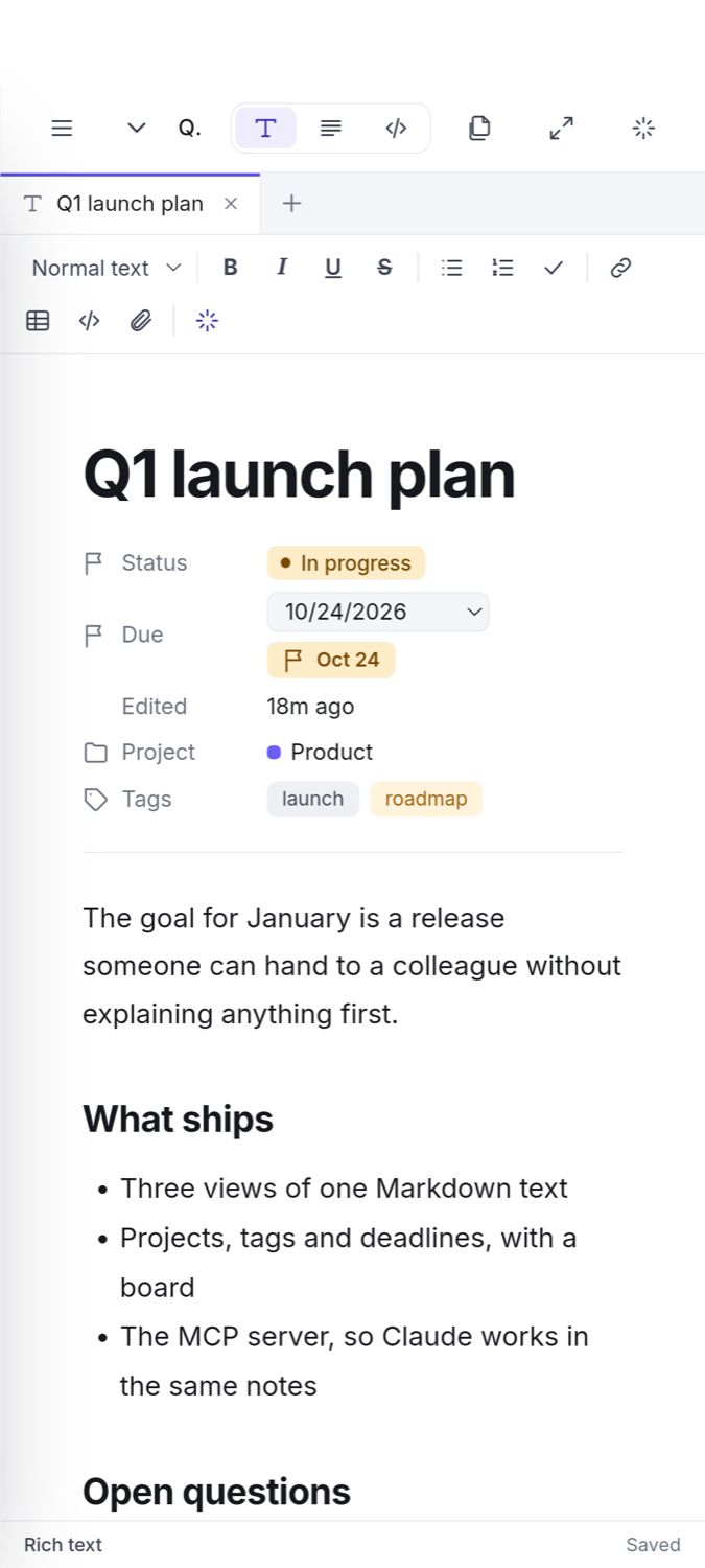 A note open in the Android app with status, due date, checkboxes and a table