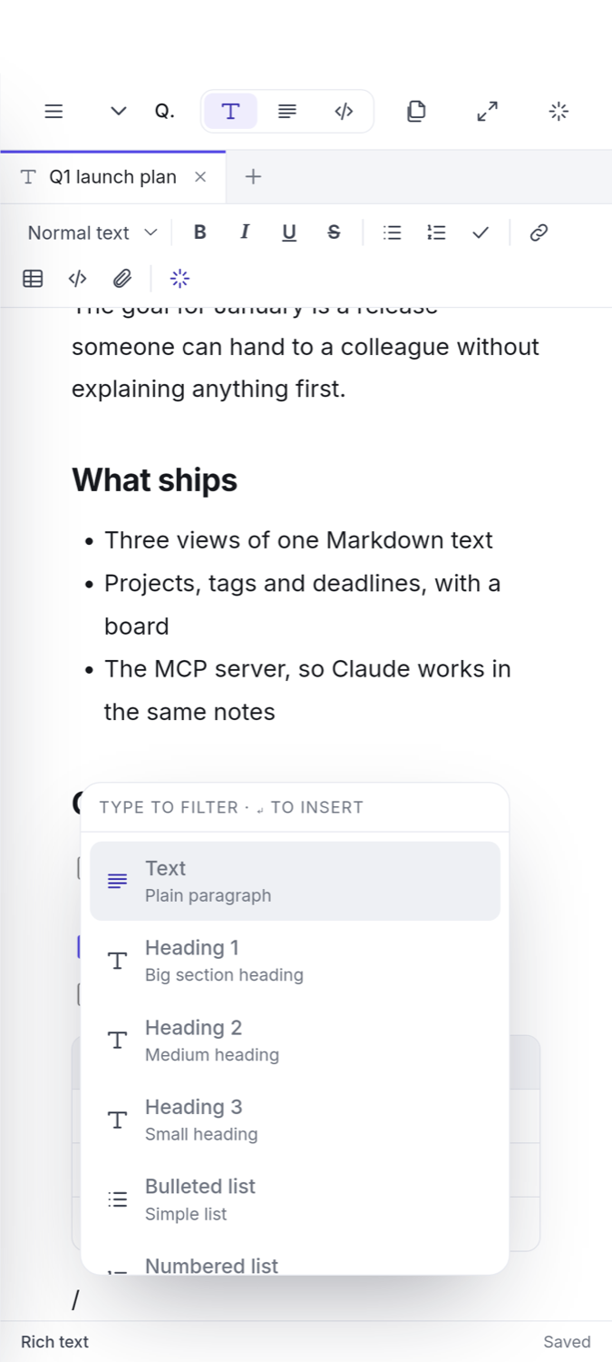 The slash command menu open in a note on Android, offering text, headings and lists