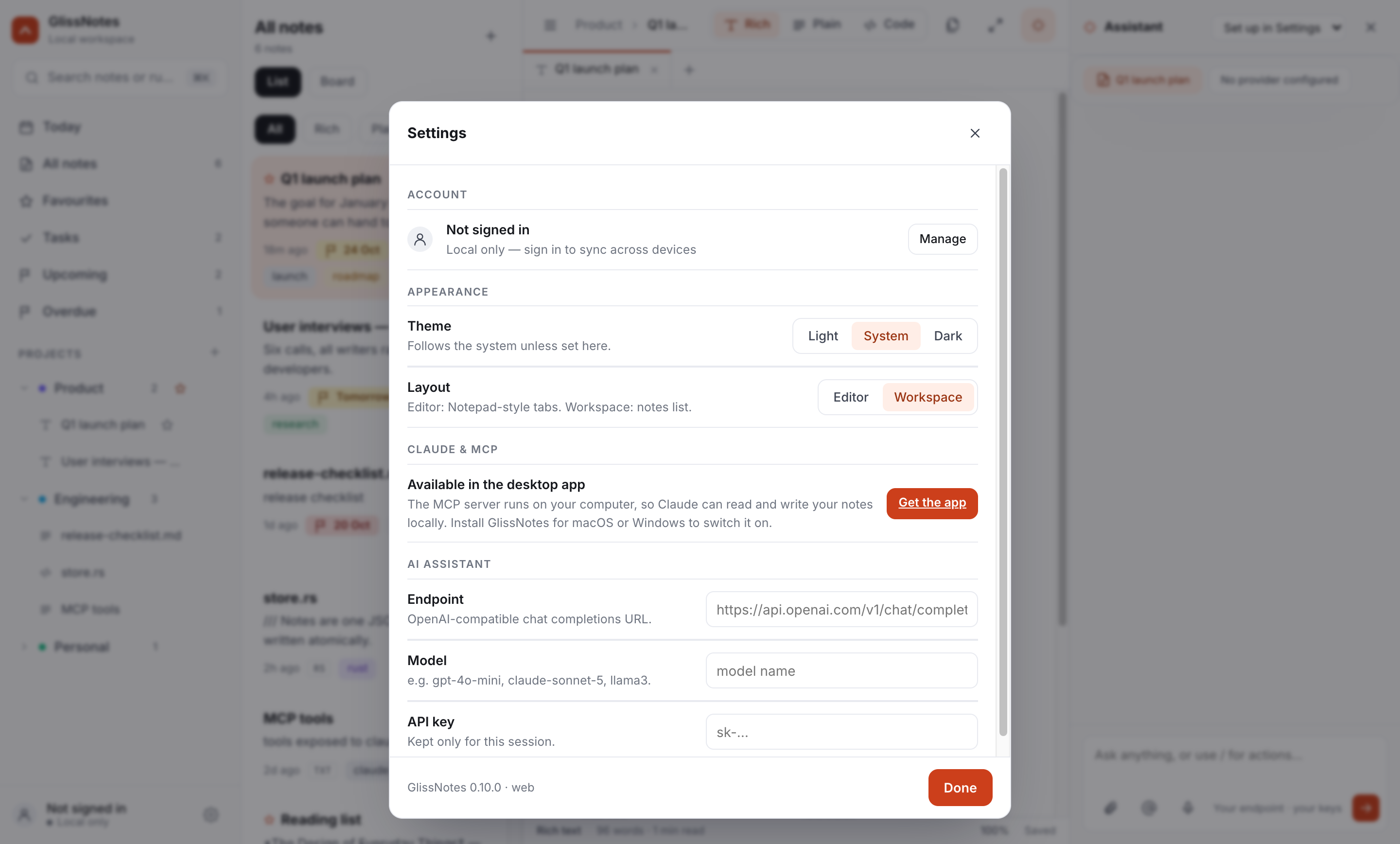 Settings showing one-click buttons to add GlissNotes to Claude Desktop or Claude Code